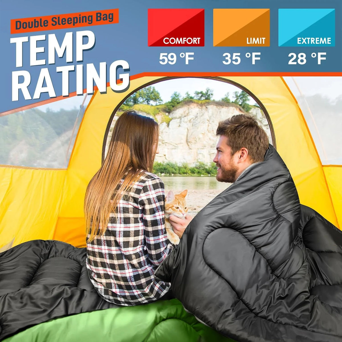 Double Sleeping Bag for Adults Mens with Pillow, XL Queen Size Two Person Sleeping Bag for All Season Camping Hiking Backpacking 2 Person Sleeping Bags for Cold Weather & Warm