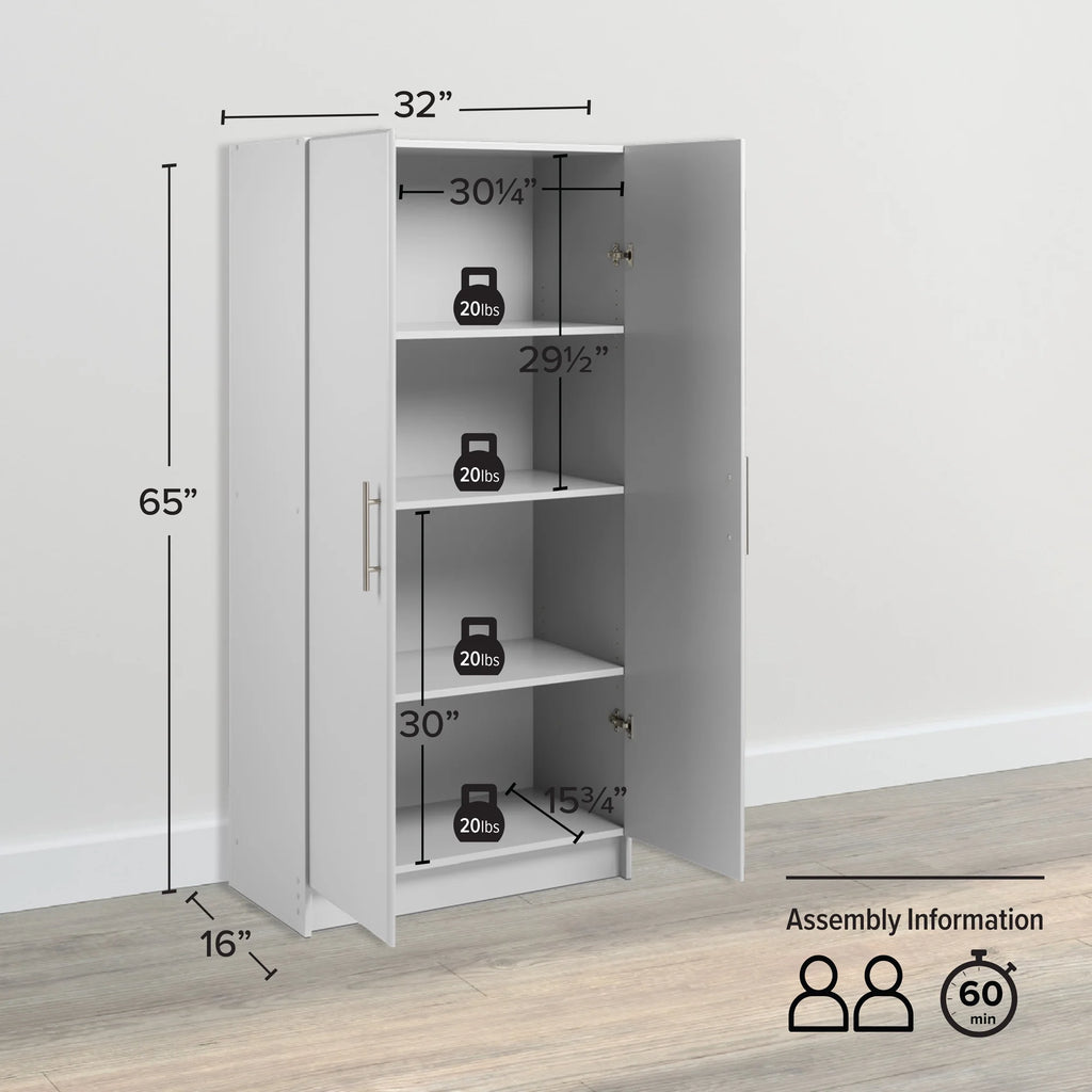 Prepac Adjustable Shelves Cabinet - Functional Tall Garage Table, 16"D x 32"W x 65"H Freestanding Garage Cabinet with 2-Doors, Light Gray - GES-3264