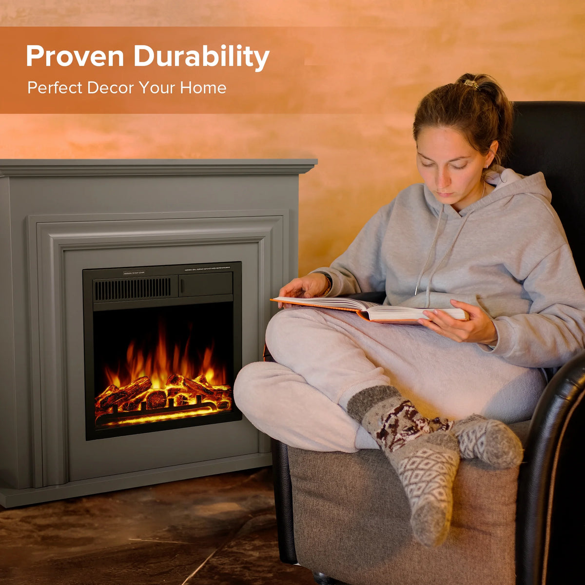 KISSAIR Electric Fireplace Mantel Wooden Surround Firebox, Free Standing Fireplace, with Remote Control, Adjustable LED Flame, 750W/1500W -White