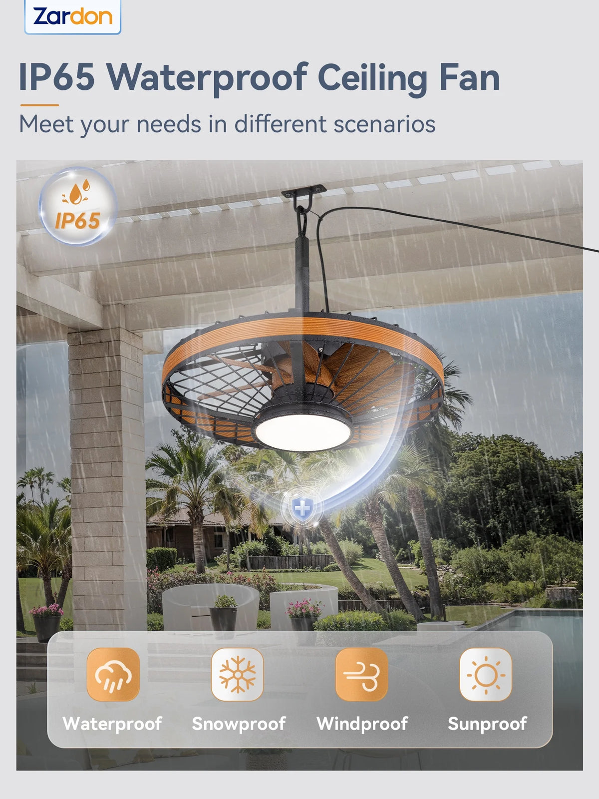 Zardon 20" Outdoor Ceiling Fan with Light and Remote, 7 Blades Caged Waterproof Gazebo Fan for Patio, Porch, Pergola Canopy, App Control