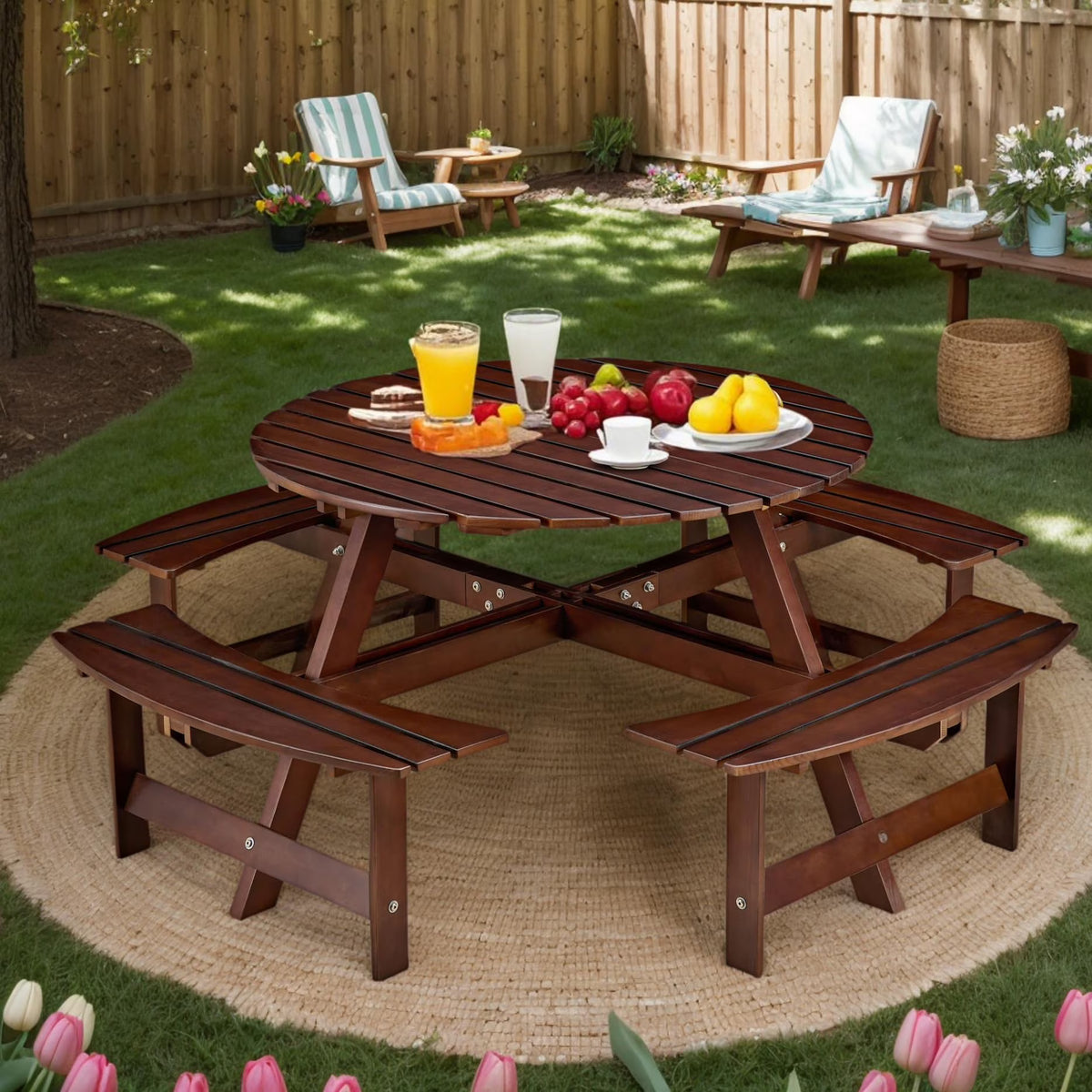 8 Person Wood Picnic Table, Outdoor Round Picnic Table with 4 Built-in Benches, Umbrella Hole, Outside Table and Bench Set for Patio, Backyard, 500lbs Capacity Per Bench