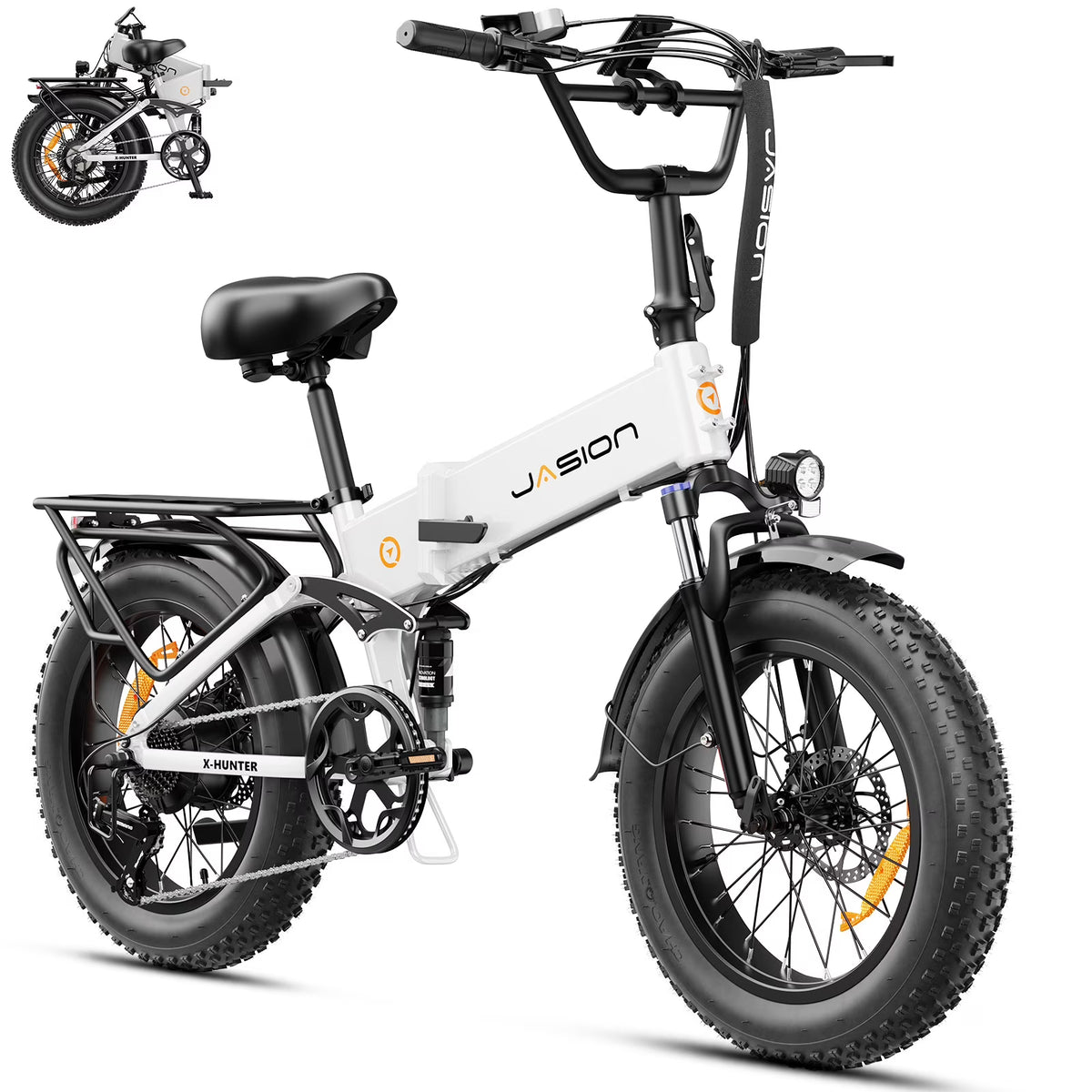 Jasion X-Hunter Electric Bike for Adults, 750W Motor Electric Bicycle with 48V 13AH Removable Battery, 20" x4.0 Fat Tire Folding Ebike, Full Suspension, 7-Speed Bicycles