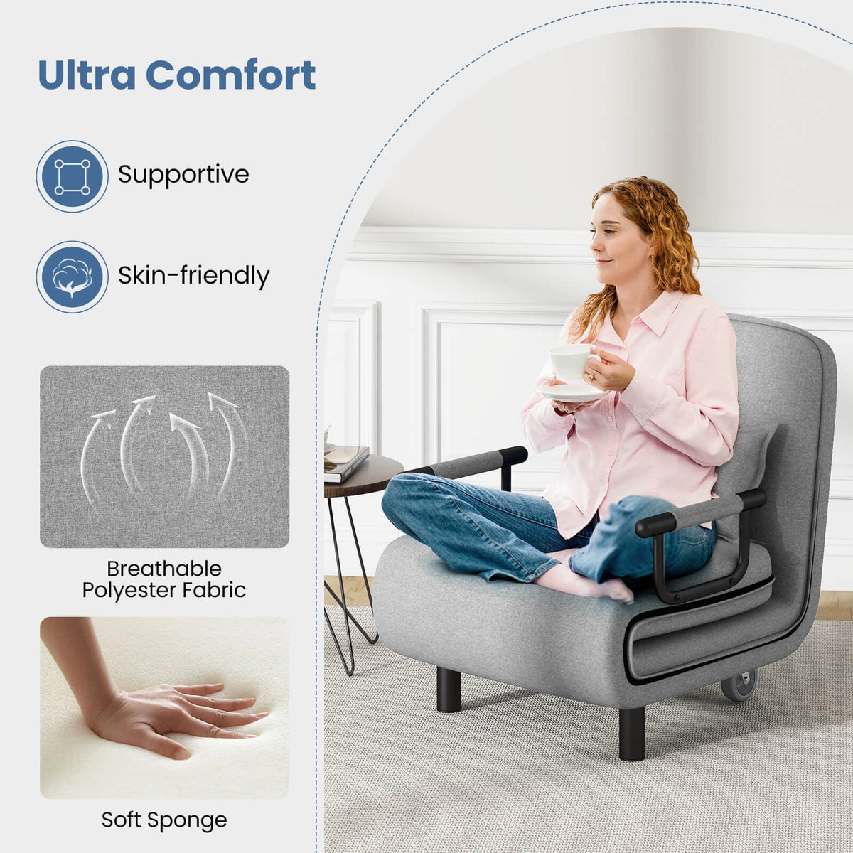 Costway 3-in-1 Convertible Sofa Bed with 5-Position Adjustable Backrest & Lumbar Pillow Brown