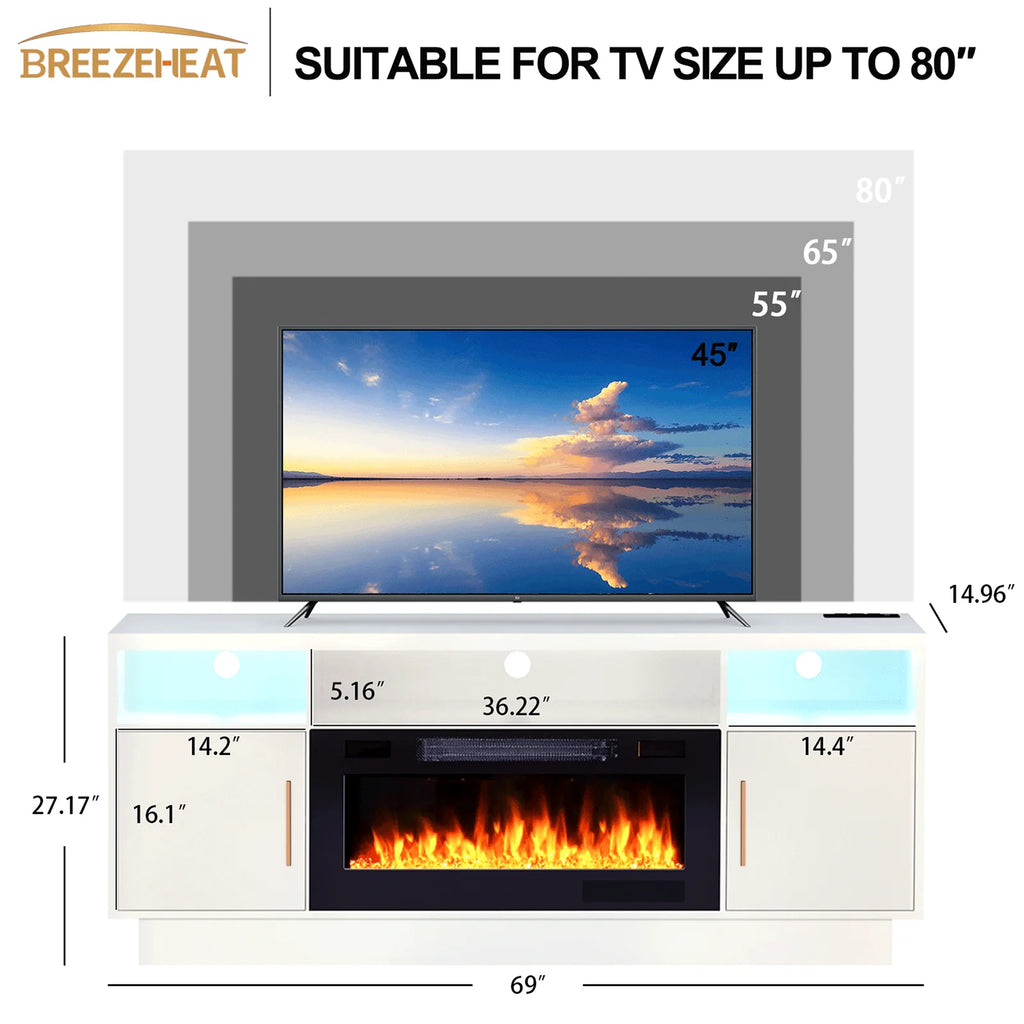 BREEZEHEAT Electric Fireplace TV Stand-70 inch TV Stand with 36" Electric Fireplace-Living Room Tv Cabinet with Storage for TVs Up to 80"-Led Entertainment Center Modern Media Console (Black)