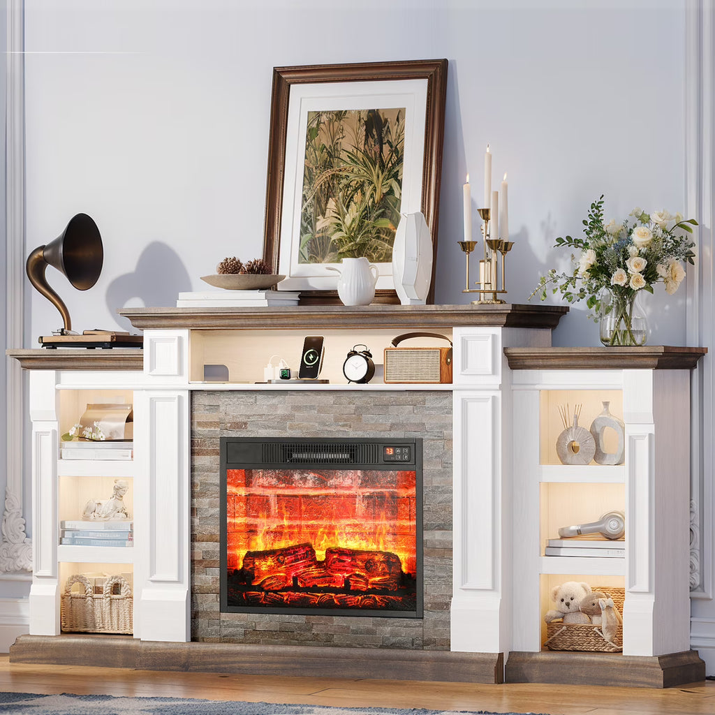 Holliwill 72" TV Stand for TVs up to 80" with Charging Station & LED Light, Electric Fireplace with Mantel, Entertainment Center with 23" Electric Heater, White Brown