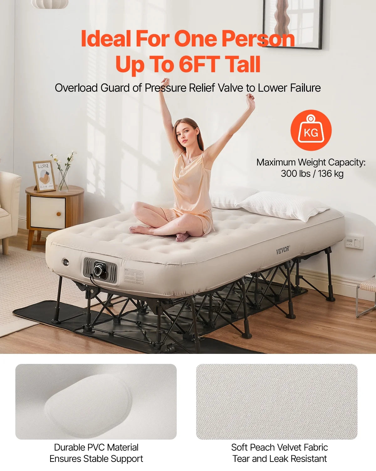 VEVOR Air Mattress with Frame, Inflatable 1 Person Camping Cot with Built-in Pump, Portable Folding Air Beds Supports 300 lbs, Blow Up Anywhere Bed for Guests Camping Travel Indoor & Outdoor Use