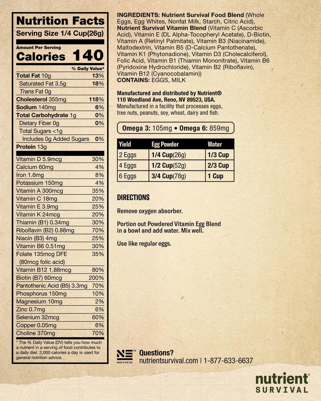 Nutrient Survival Vitamin Powdered Eggs Blend, Freeze Dried Prepper Supplies & Emergency Food Supply, 33 Essential Nutrients, Gluten Free, Shelf Stable Up to 25 Years, One Can, 70 Egg Equivalent