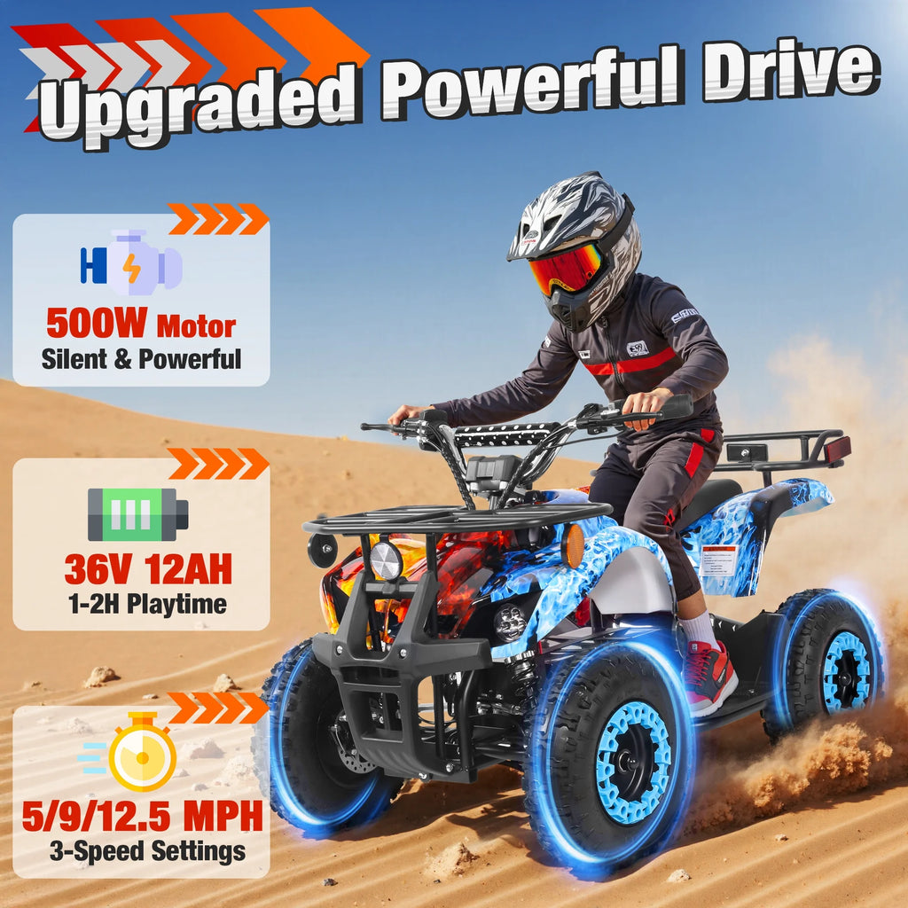 ATV for Kids, 36 Volt Ride on Toys, 500w Motor Quad Bike for Big Kids, Power Car Wheel with Metal Frame, Speed Control, Suspension, Black