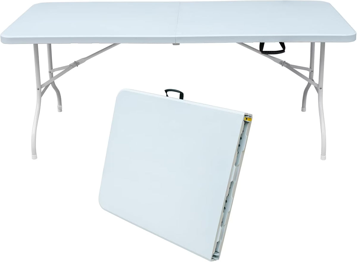 Folding Table with Carry Handle, Portable Fold-in-Half Plastic Table, Rectangle Foldable Table for Indoor
