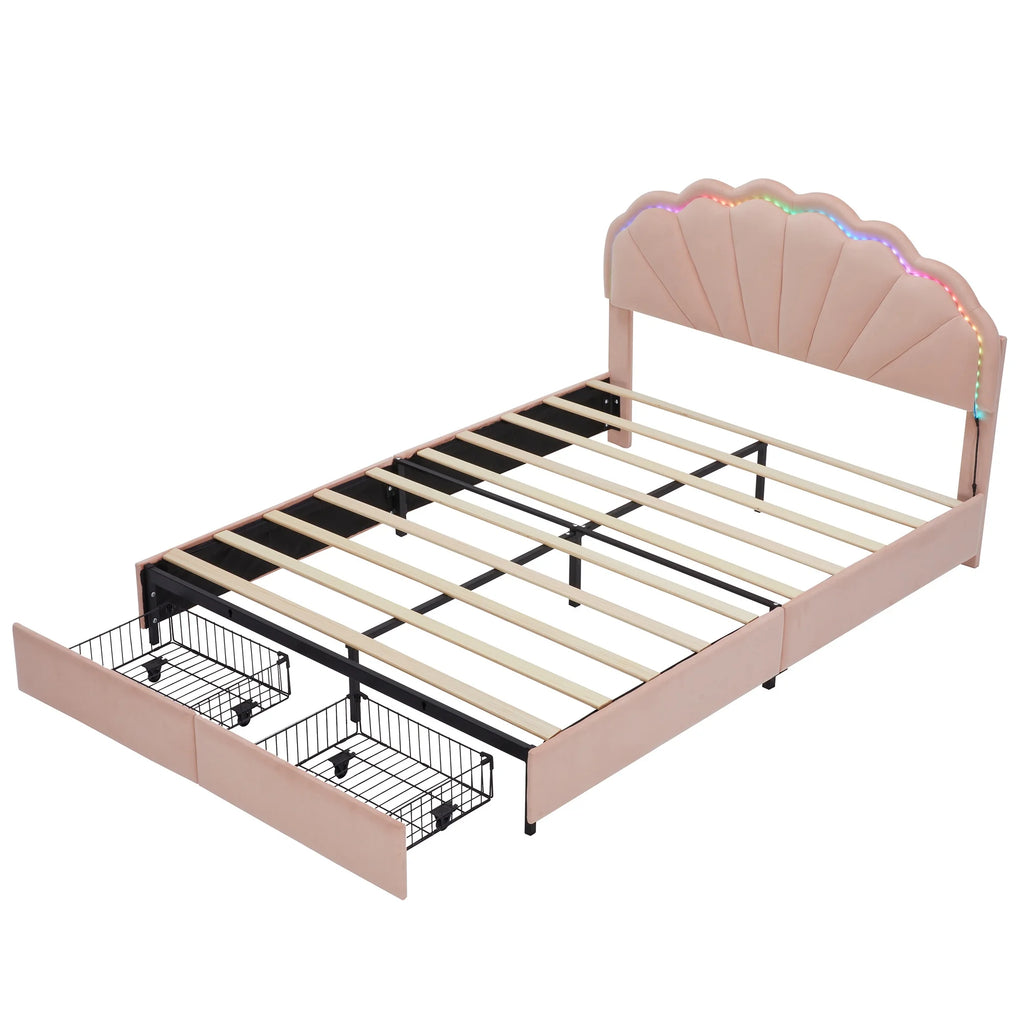 PORKISS Full Size LED Bed Frame with Drawers, Velvet Upholstered Bed, Princess Platform Bed with Chic Double Petal Headboard for Adults Teens, Pink