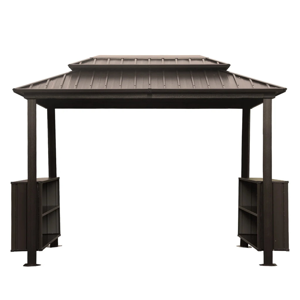 6x10 FT Shade Grill Gazebo, Outdoor BBQ Gazebo with Double Galvanized Steel Roof, Patio Grill Canopy with 2 Cabinets and Ceiling Hooks for Backyard, Lawn, Garden, Backyard, Brown