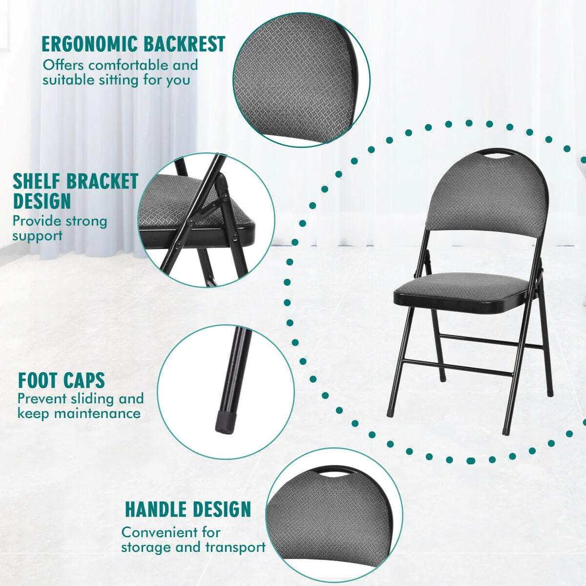 Costway Set of 6 Folding Chairs Fabric Upholstered Padded Seat Metal Frame Home Office