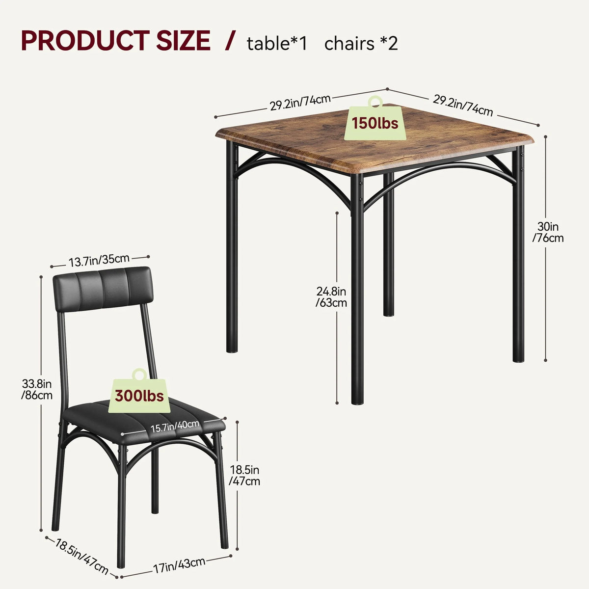 Yesfashion 3 Piece Dining Table Set, Kitchen Table and Chairs for 2, Metal and Wood Square Dining Room Table Set with 2 Upholstered Chairs