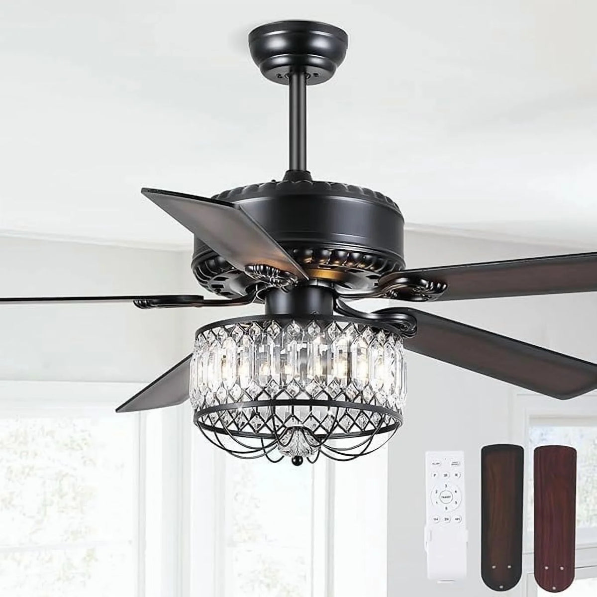 Kviflon 52" Farmhouse Ceiling Fan with Lights & Remote, Crystal Chandelier, Wood Blades, Quiet Motor, 6-Speed, Timer, Modern Lighting for Living Room, Bedroom, Dining Room, Chrome Finish
