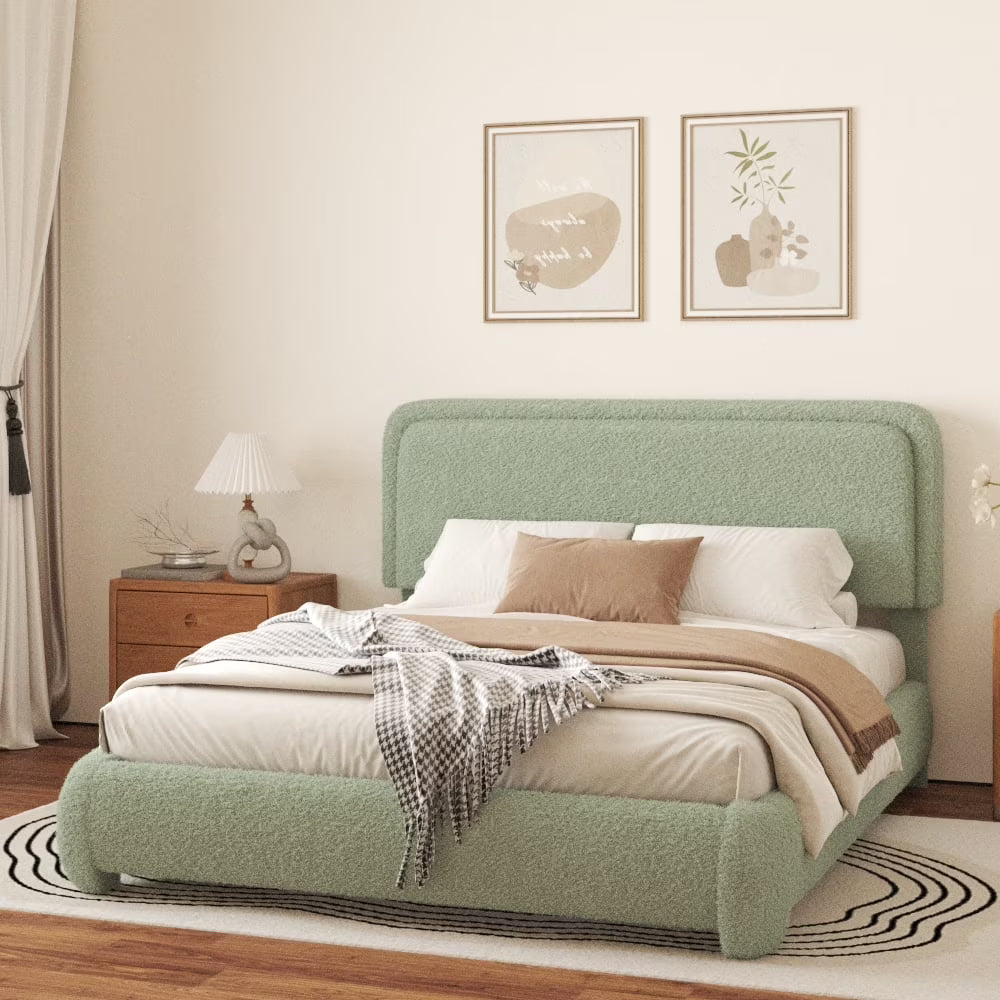 VIPLOV King Size Boucle Bed Frame, Cloud Upholstered Platform Bed with Height Adjustable Headboard & Soft Rounded Corners, No Noise Free, Easy Assembly,Beige