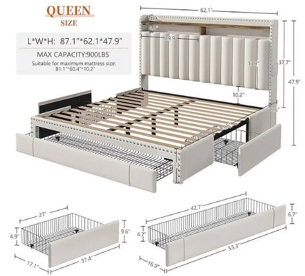 EnHomee Queen Bed Frame with 3 Storage Drawers Upholstered Queen Size Bed Frame with Headboard Noise Free Platform Bed with Metal Frame & Wood Slats Support Beige Bedroom Furniture for Adults Clothes