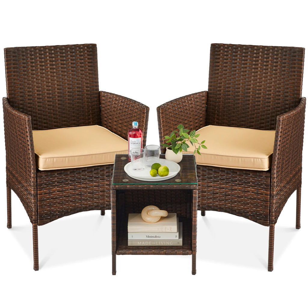 Best Choice Products 3-Piece Outdoor Wicker Conversation Patio Bistro Set, w/ 2 Chairs, Table - Gray/Navy