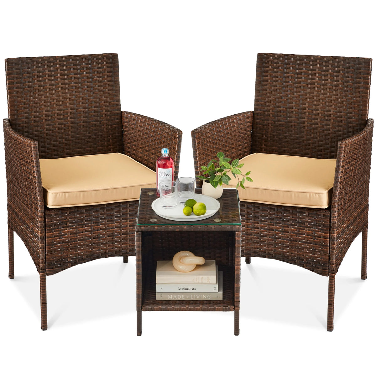 Best Choice Products 3-Piece Outdoor Wicker Conversation Patio Bistro Set, w/ 2 Chairs, Table - Gray/Navy
