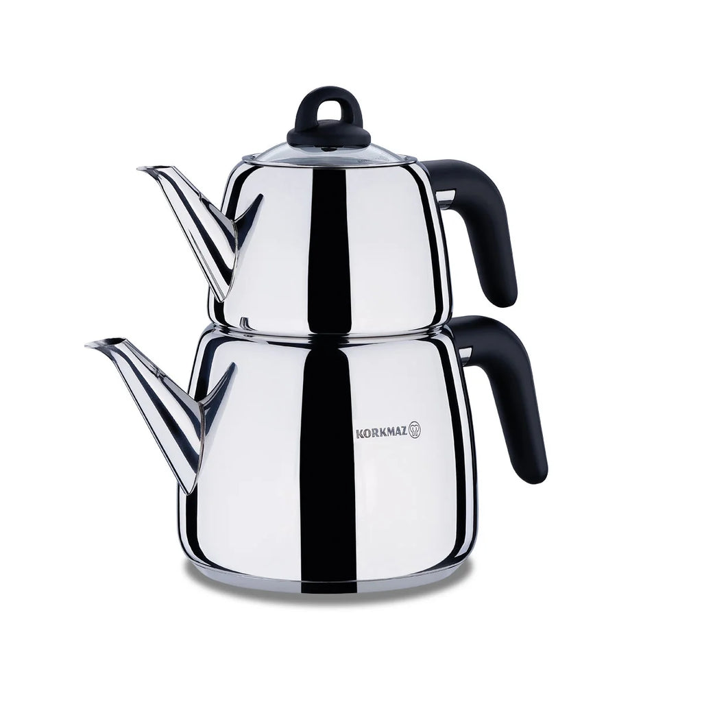 Korkmaz A045 Bella Nora Turkish Teapot Set for Stovetop,  18/10 Stainless Steel Double Tea Maker with Bakalite Handles, Samovar Style Tea Kettle with 33.9 Oz ( 1000ml) & 67.7 Oz (2000ml)