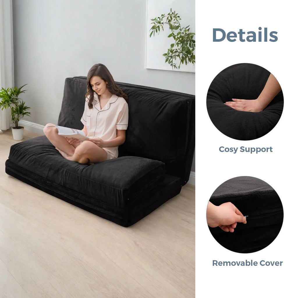 Folding Sofa Bed,Extra Thick and Long Fluffy 4 Position Convertible Flip Lounge Chair,Foam Filling Folding Matress Sofa Bean Bag with Washable Cover,Grey,39x95 Inch