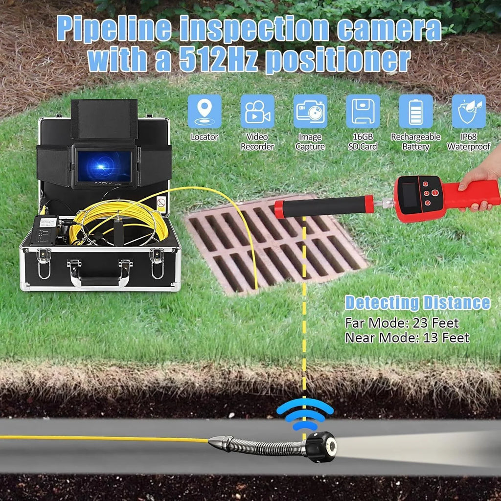 Aoile 100Ft Sewer Camera with Locator, 7" Snake Camera with DVR & 12 Adjustable LEDs, Pipe Camera w/ Self Leveling, Drain Camera for Inspecting Sewers