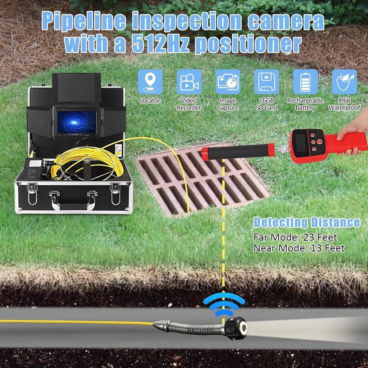 Aoile 100Ft Sewer Camera with Locator, 7" Snake Camera with DVR & 12 Adjustable LEDs, Pipe Camera w/ Self Leveling, Drain Camera for Inspecting Sewers