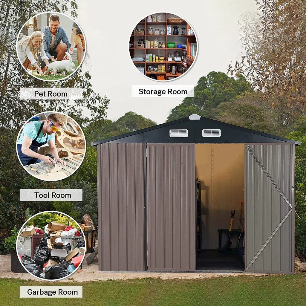 JOIVI 8'x6' Outdoor Storage Shed, Galvanized Metal Tool Storage Shed, Weather Resistant Garden Shed W/Lock for Backyard Patio Lawn, Brown