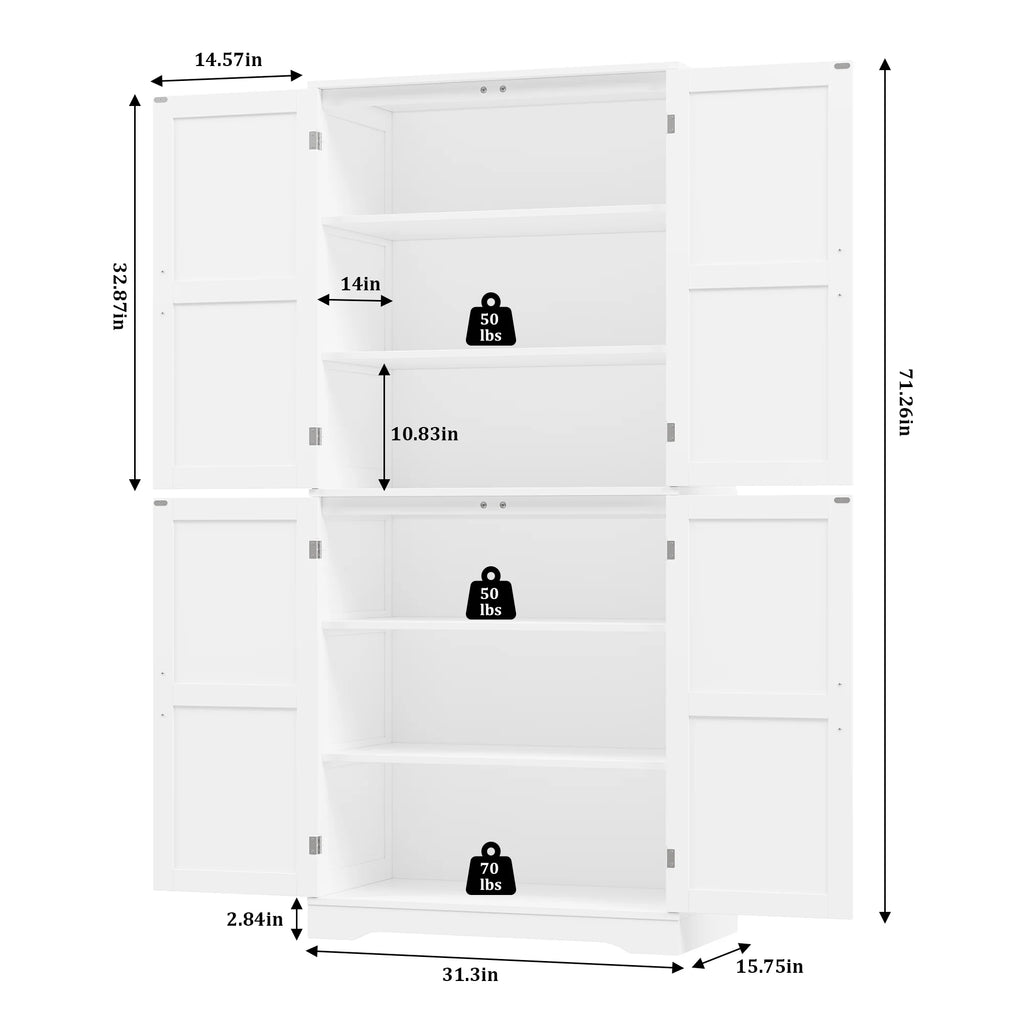 Homfa 71'' Bathroom Cabinet with 6 Storage Shelves, Freestanding Wooden Linen Cabinet for Living Room, White