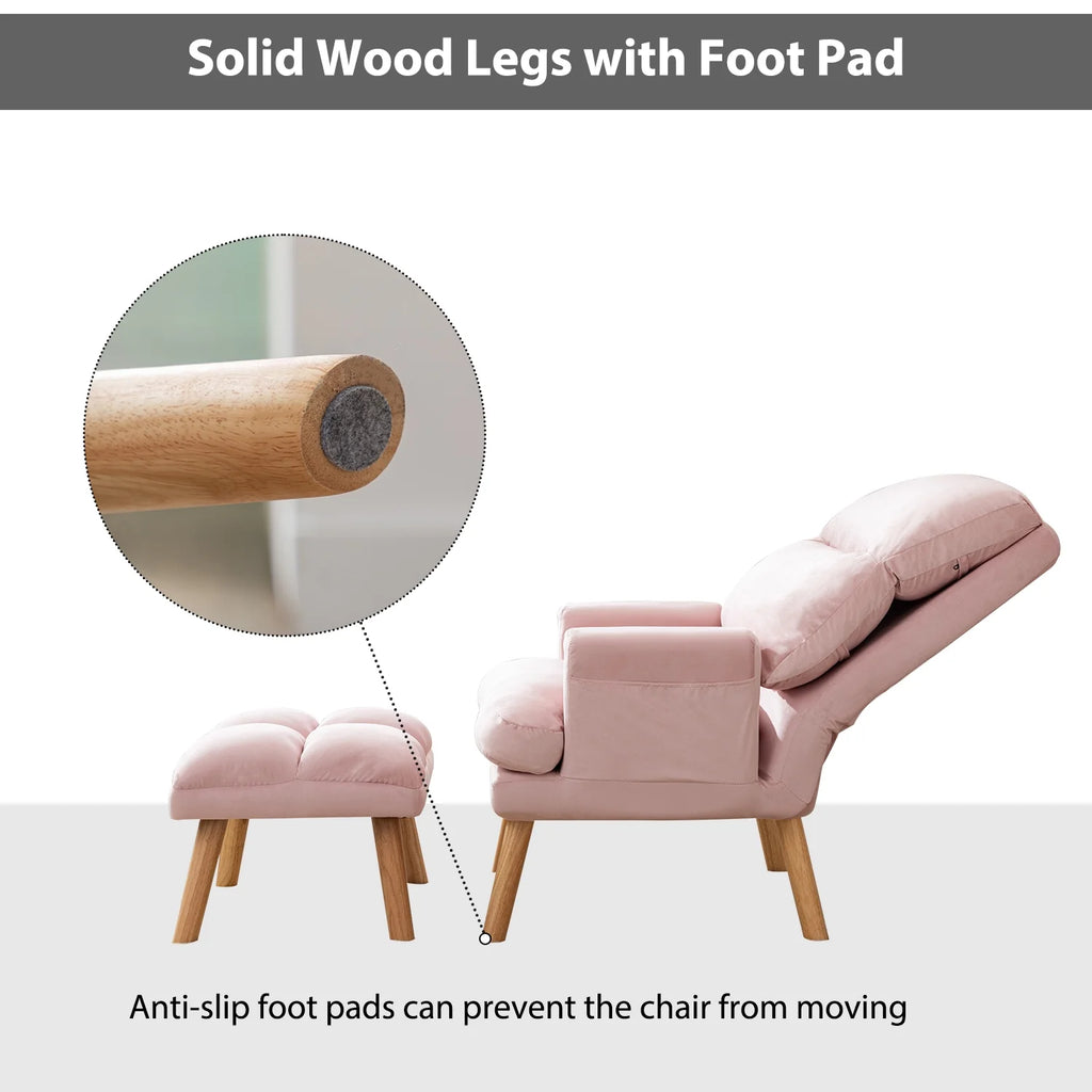 Bestier Adjustable Accent Chairs with Ottoman, Velvet Fabric Armchair for Bedroom Living Room, Comfy Lounge Chair with Padded Backrest and Side Pocket, Soft Reading Chair, Beige