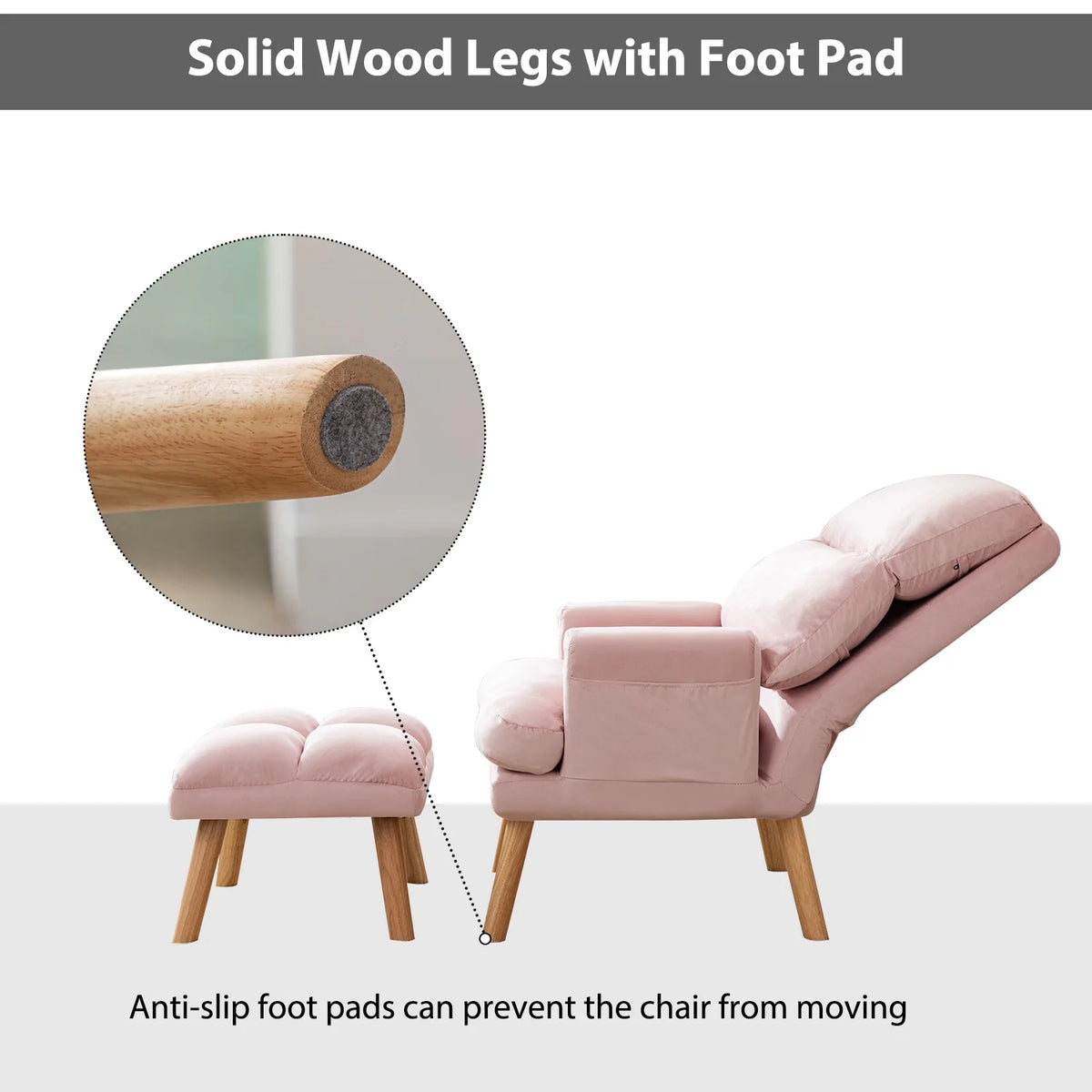 Bestier Adjustable Accent Chairs with Ottoman, Velvet Fabric Armchair for Bedroom Living Room, Comfy Lounge Chair with Padded Backrest and Side Pocket, Soft Reading Chair, Beige