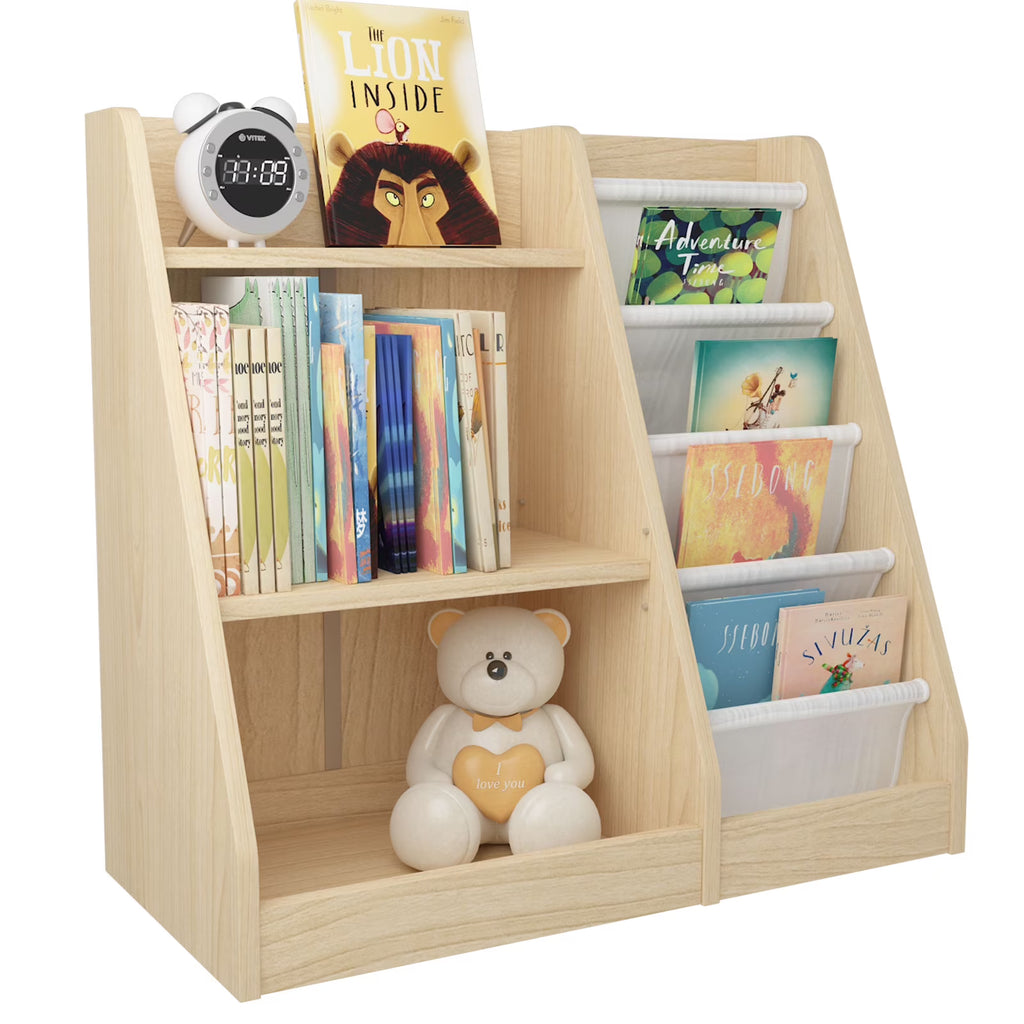 Hironpal Small 3 Tier Kids Bookshelf with 4 Layer Sling Adjustable Book Display Shelf for Nursery Playroom Kids Baby Bedroom