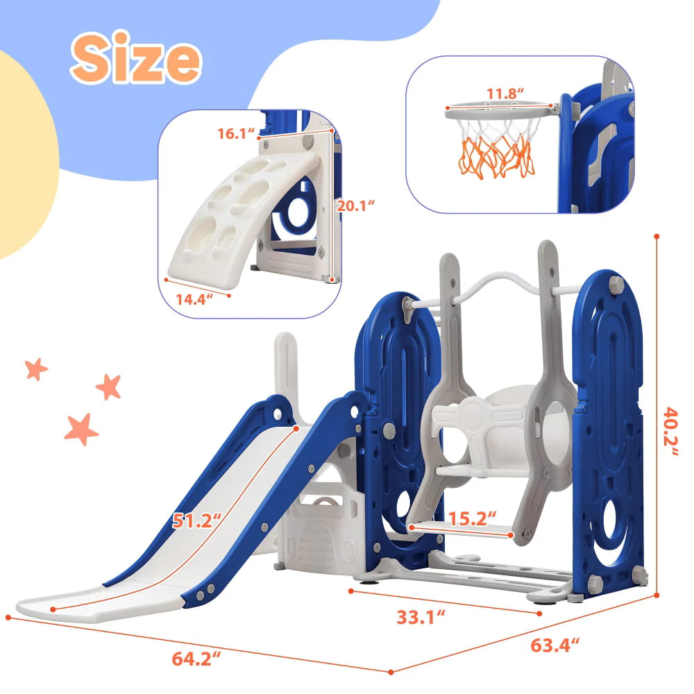 5 in 1 Toddler Swing and Slide Set with Climber, Kids Playground Climber Slide Playset with Safety Belt, Armrest, Basketball Hoop, High Adjustable Baby Swing Set for Indoor Outdoor Backyard, Blue