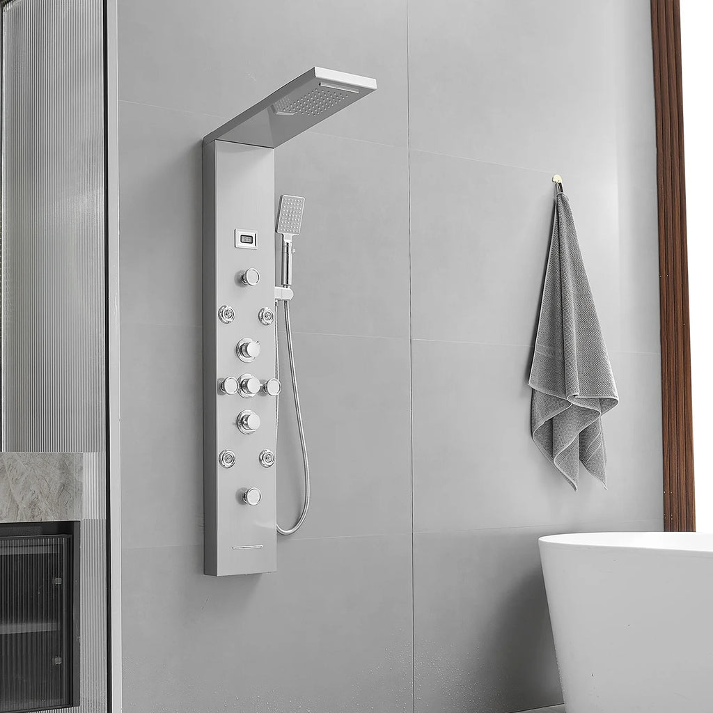 8-Jet Rainfall Shower Panel System with Rainfall Waterfall Shower Head and Shower Wand in chrome Nickel