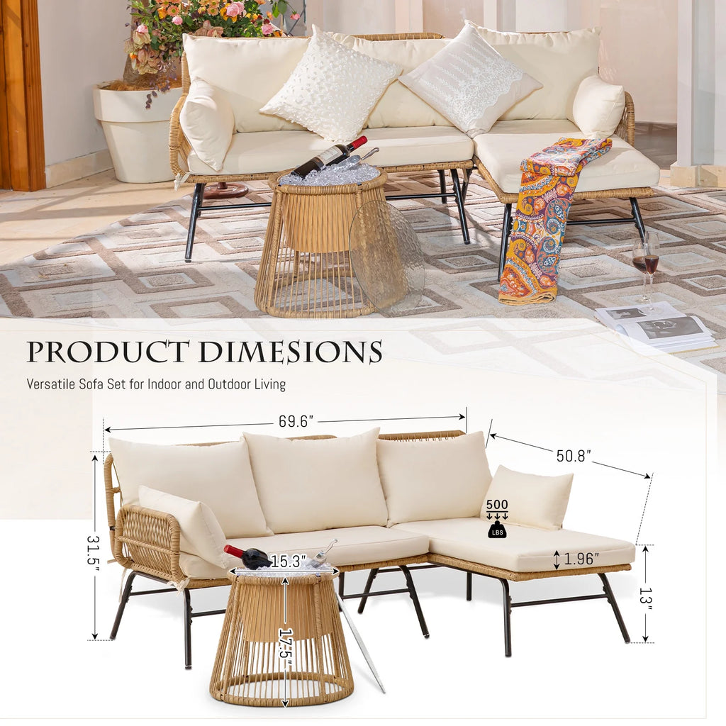 RADIATA 6-Piece Boho Patio Furniture Set, Outdoor Wicker Sectional Sofa Conversation Set with Ice Bucket & Coffee Table, 500lbs Capacity, Beige