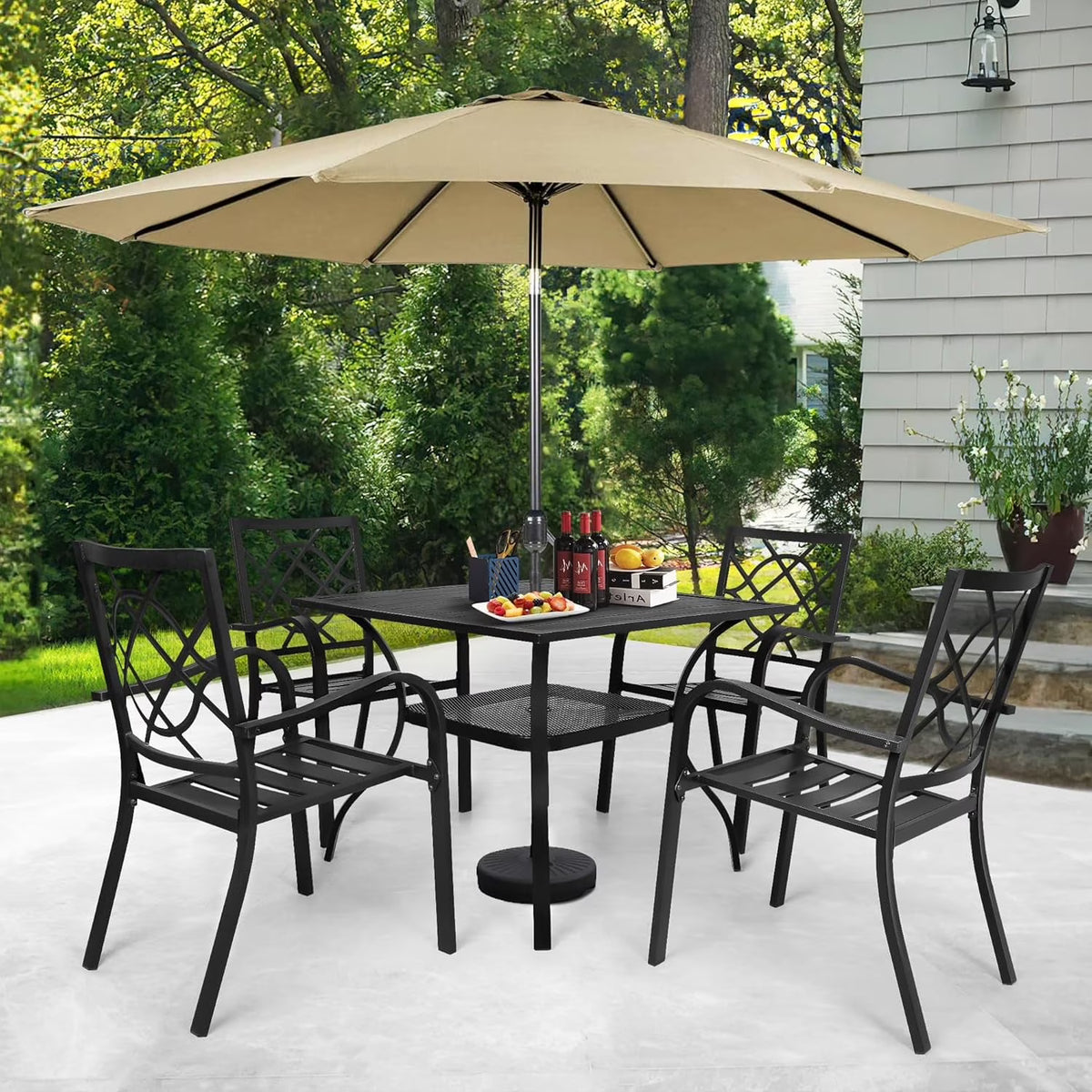 SUNCROWN 5-Piece Outdoor Wrought Iron Chairs and Table Patio Dining Furniture Set - 4 Stackable Metal Chairs, 1 Steel Slat Bistro Table and 1 Sky Blue 9Ft Patio Umbrella for Garden Backyard Deck
