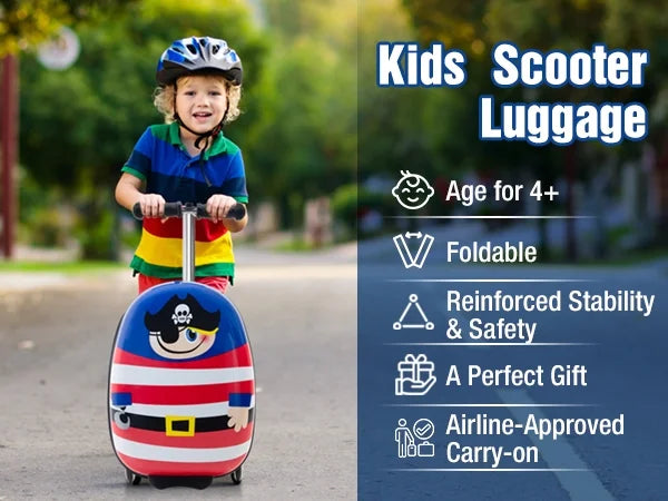 Kids Luggage Scooter, 3-Level Height Adjustable, Pirate Theme  Foldable Carry-On Suitcase, Lightweight Ride-On Scooter