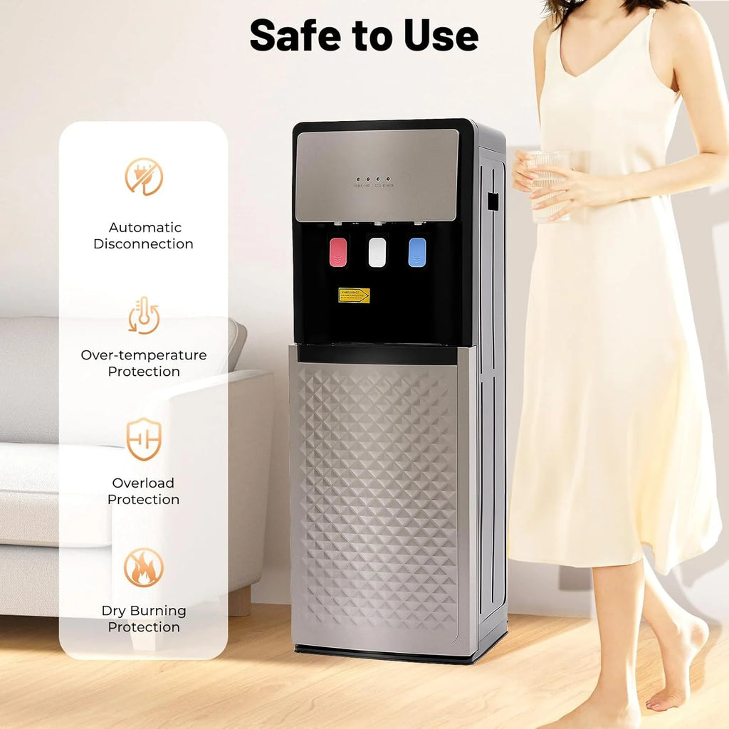 Bottom Loading Water Dispenser for 5 Gallon Bottle, 3 Temperature Settings (Hot, Room & Cold Water), 110V US Plug, 5L/H Rapid Heating, 0.53Gal/H Cooling, Anti-Scald Design for Home/Office (Grey)