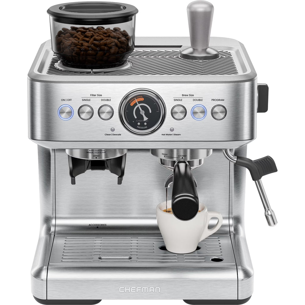 Chefman Crema Supreme Espresso Machine with Conical Burr Grinder and Steam Wand Stainless Steel, New