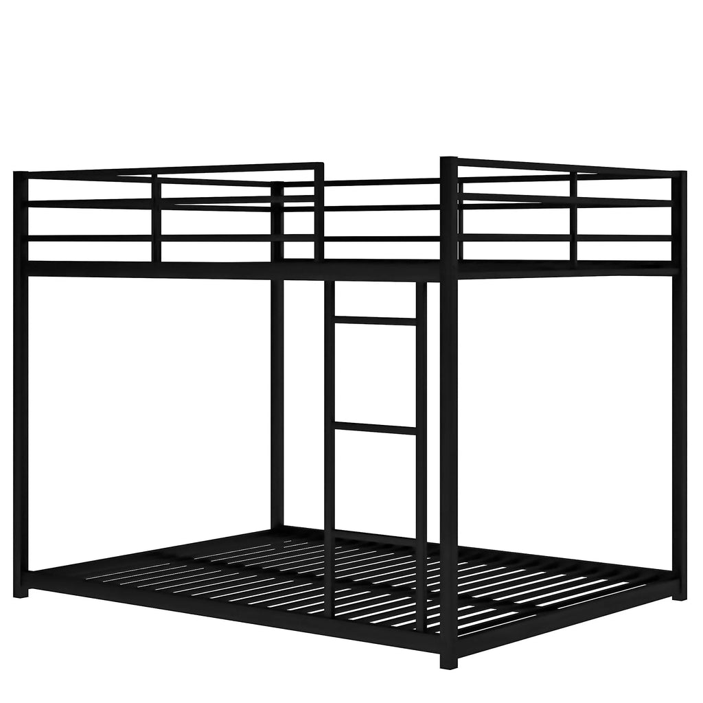 Full Over Full Metal Low Bunk Bed for Kids Teens Adults, Modern Black Bunk Bed with Heavy Duty Metal Frame, Ladder and Safety Full-Length Guard Rails, Space-Saving