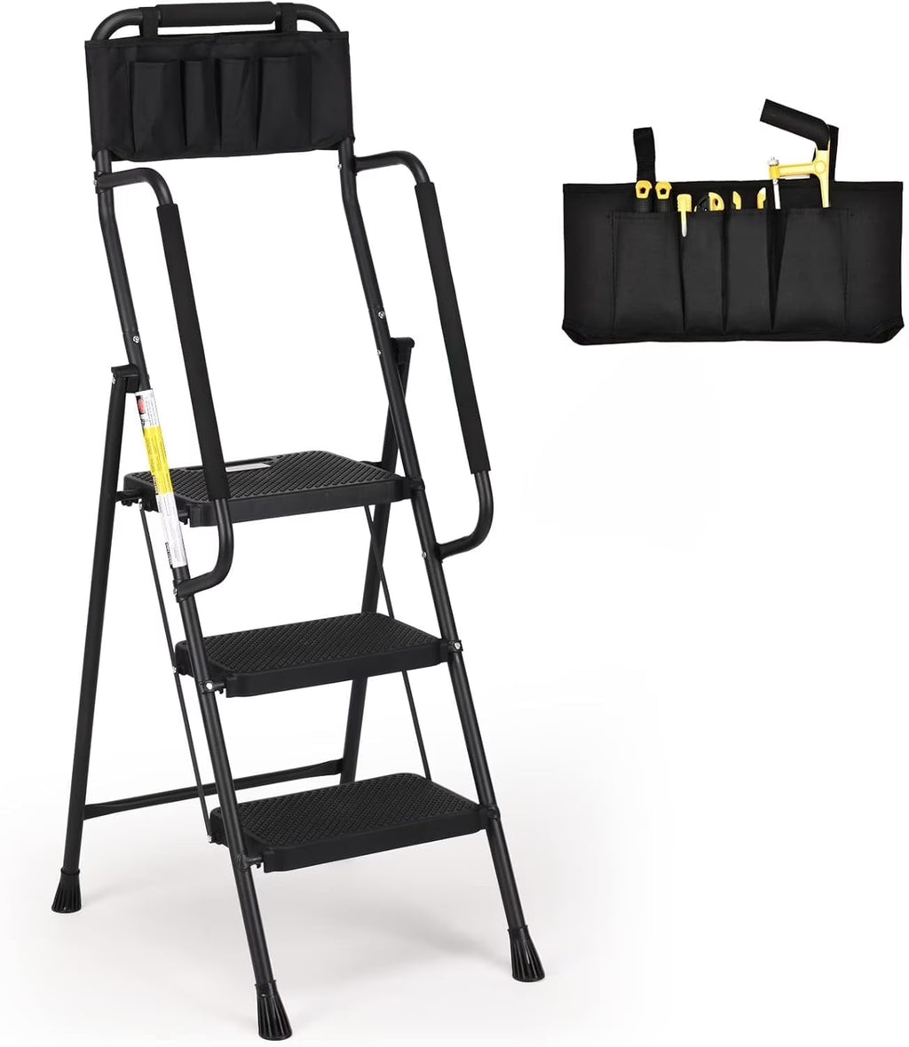 HBTower 4 Step Ladder with Handrails and Tool Bag, Folding Step Stool with Attachable  Anti-Slip Wide Pedal, Black