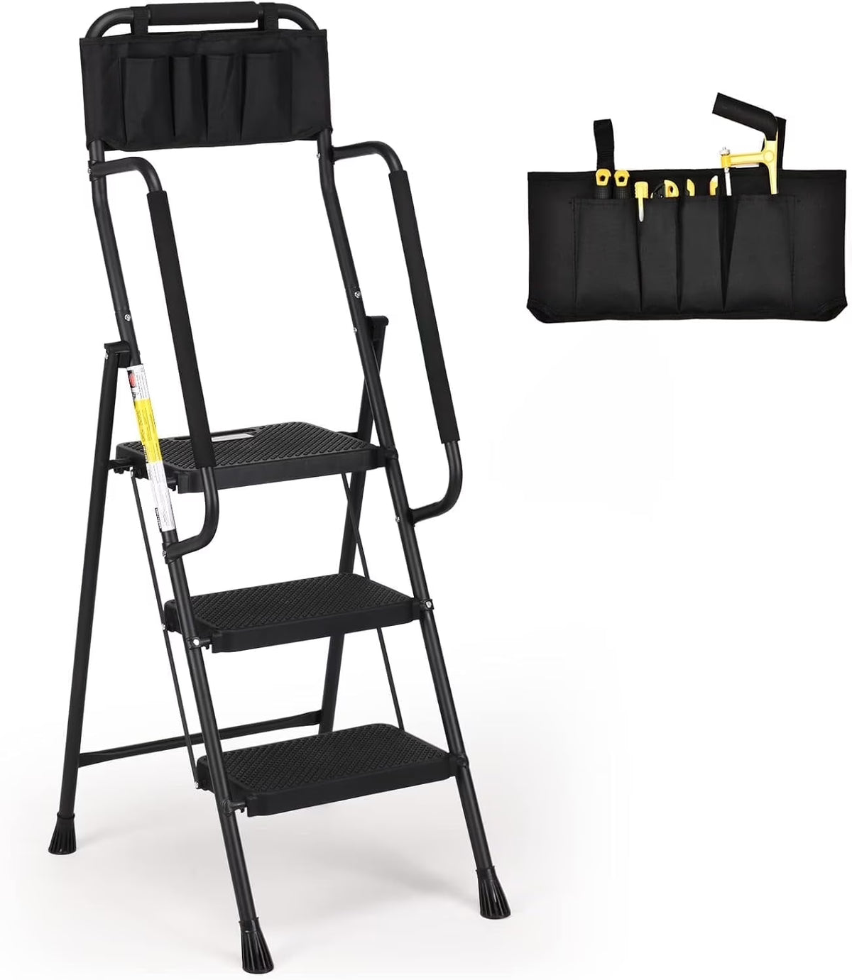 HBTower 4 Step Ladder with Handrails and Tool Bag, Folding Step Stool with Attachable  Anti-Slip Wide Pedal, Black
