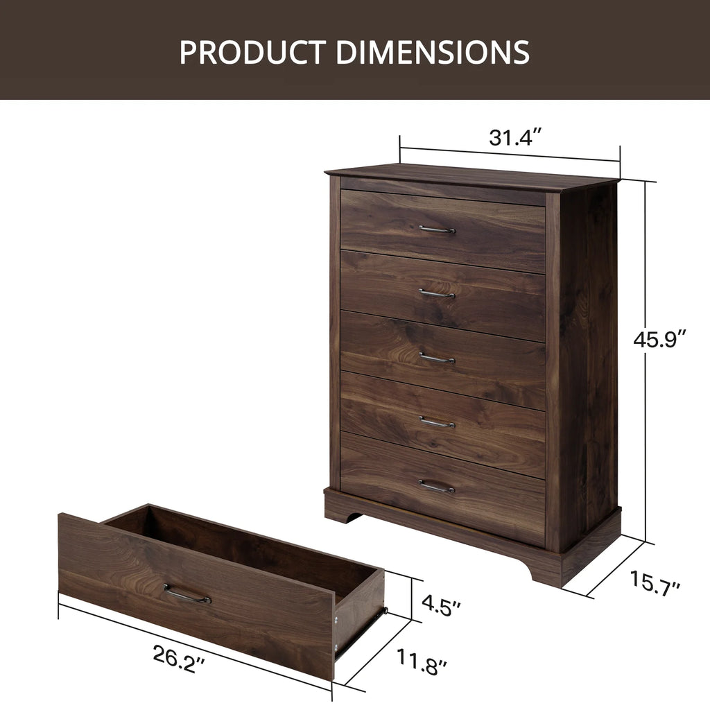 CHITOOMA 5 Drawer Dressers for Bedroom, Adult Tall Wooden Chest of Drawers, Storage Cabine for Living Room Entryway, Gray