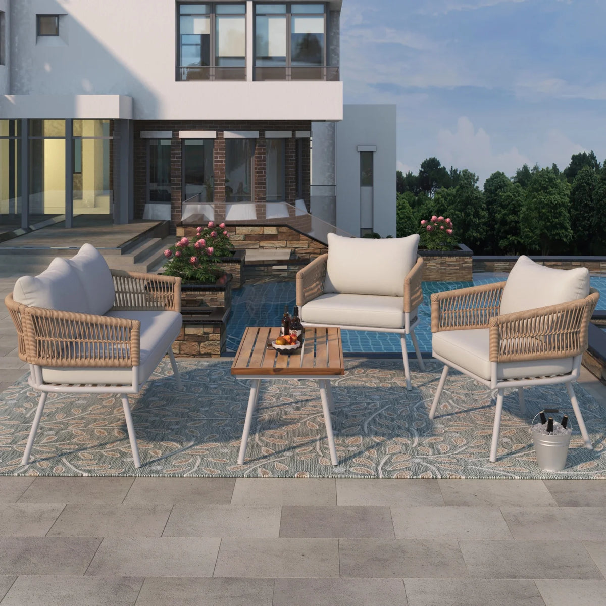 4-Piece Rope Patio Furniture Set with Ajustable Feet, Boho Rope Outdoor Conversation Set with Wood Table, Sofa Seating Set with Thick Cushion for Backyard Lawn Garden, Beige