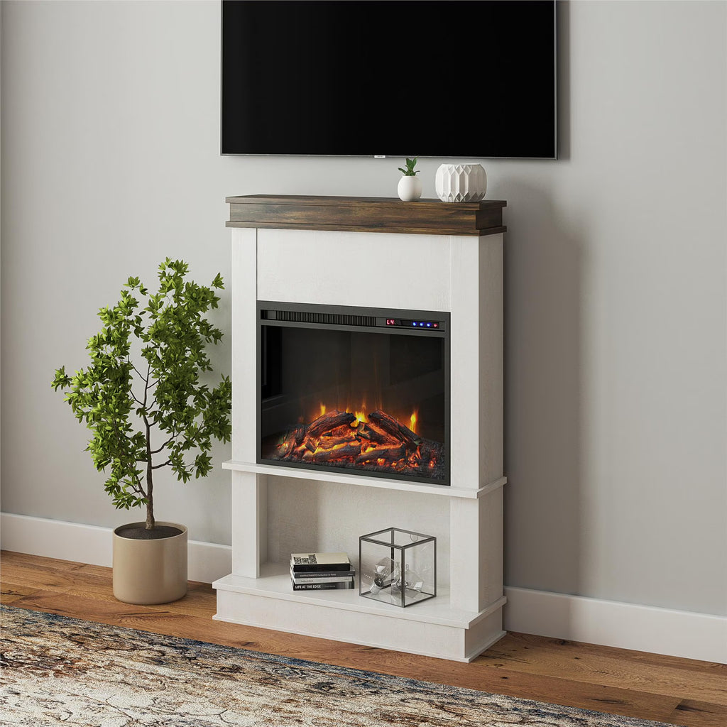 Mateo Electric Fireplace with Mantel and Open Shelf, Black with Natural