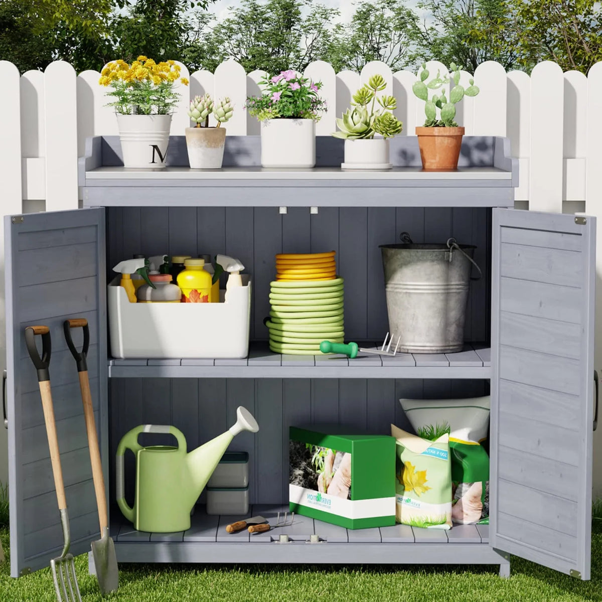 Lofka Outdoor Storage Cabinet, Outdoor Potting Bench Table with Removable Shelves for Yard, Garden,  Waterproof Wood