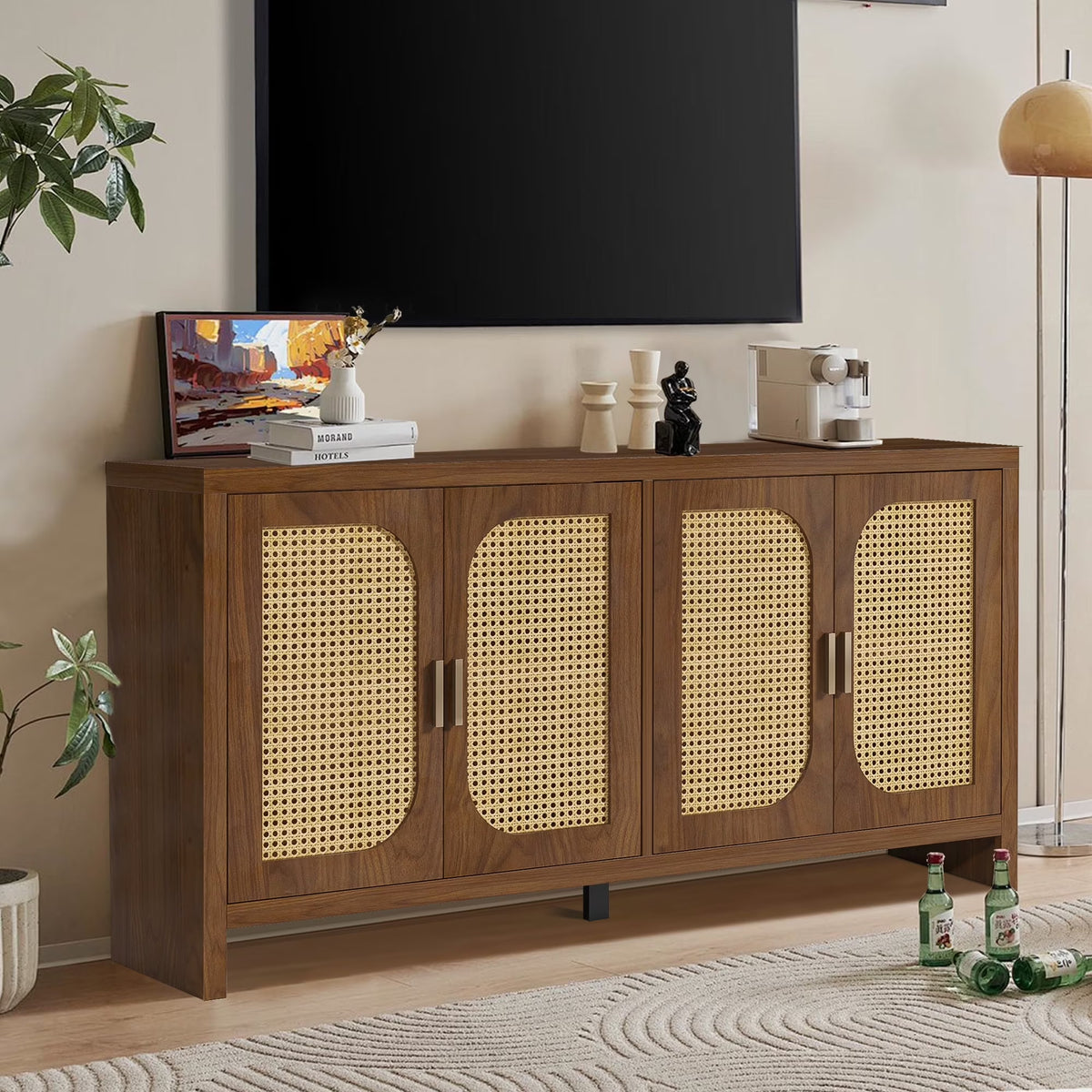 Modern Rattan Sideboard Buffet Cabinet, Kitchen Storage Cabinet, Living Room TV Stand for TVs up to 65", Entertainment Center with Adjustable Shelf, for Dining Living Room Hallway, White
