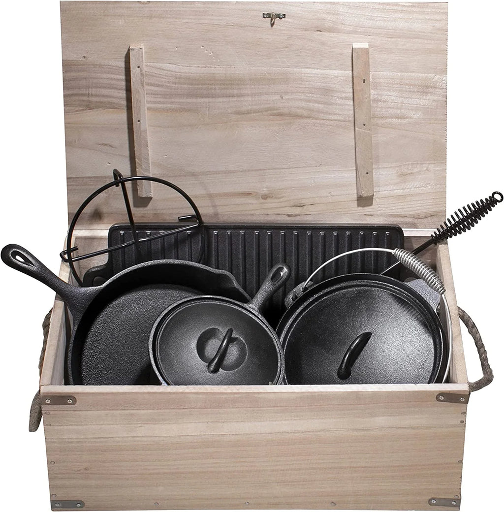 Bruntmor Camping Cooking Set Of 7 - Pre Seasoned Cast Iron Pots, Pans, and Dutch Ovens with Lids for Outdoor Campfire Cooking - Skillet Grill Cookware Set with Storage Box