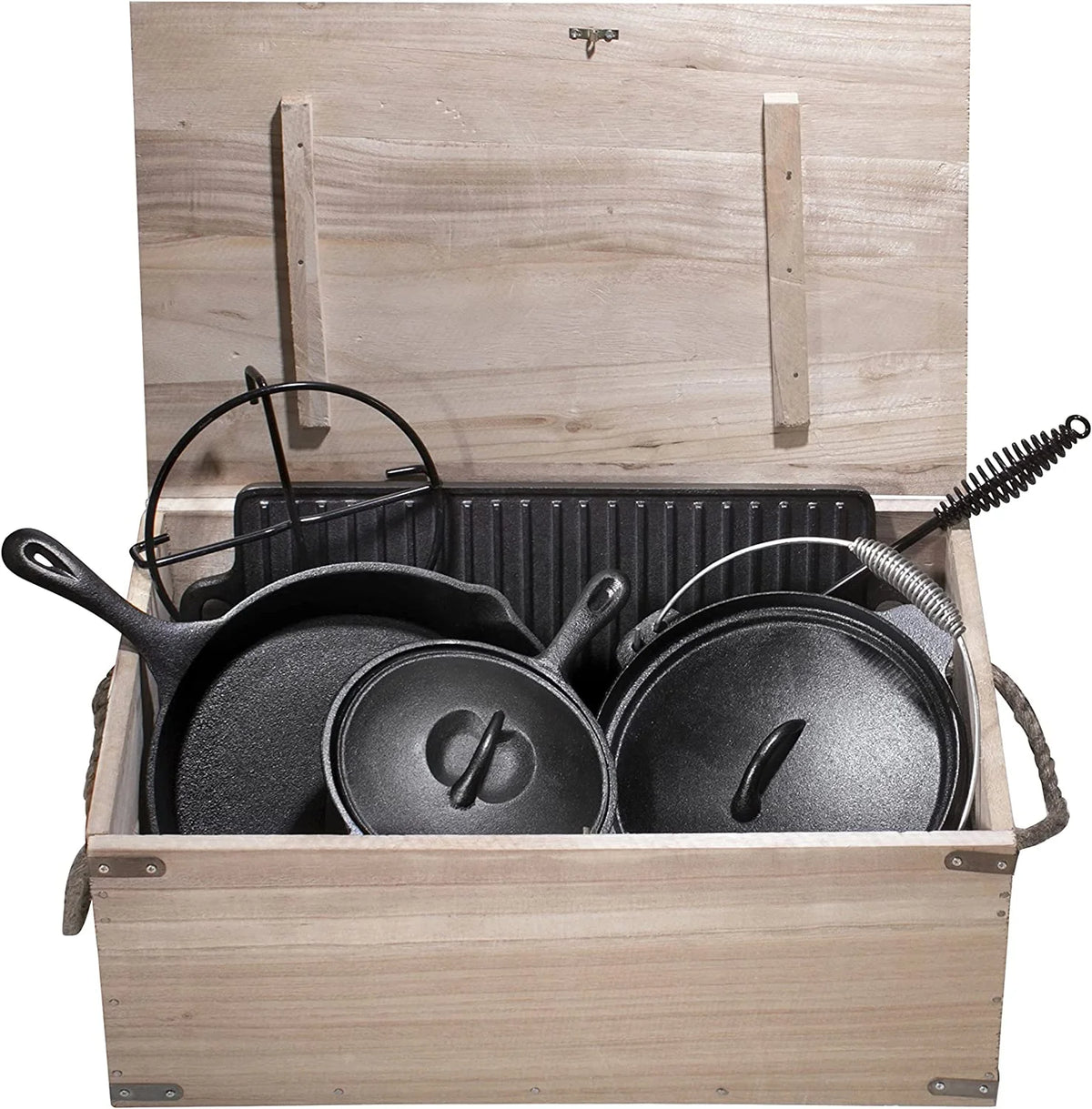 Bruntmor Camping Cooking Set Of 7 - Pre Seasoned Cast Iron Pots, Pans, and Dutch Ovens with Lids for Outdoor Campfire Cooking - Skillet Grill Cookware Set with Storage Box