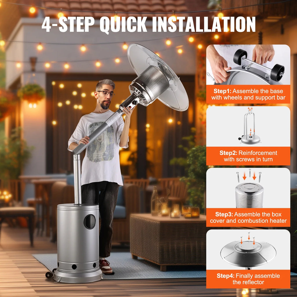 KFFKFF Outdoor Patio Heater, 50000BTU Propane Powered, Elegant Hammered Finish with Circular Table Feature, Durable Metal Burner & Portable Wheels, Ideal for Garden, Patio, Party, Backyard