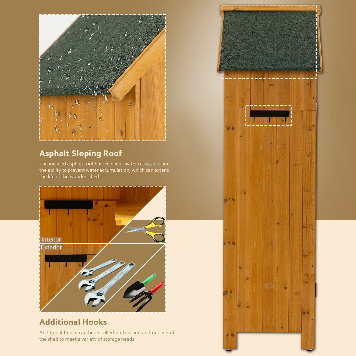 Miniyam 70.55" Outdoor Storage Shed, Garden Tool Storage Cabinet for Home Yard, Natural